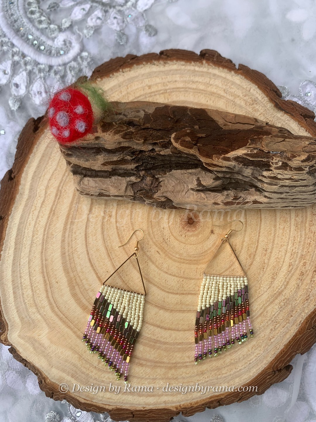 Nungua Shimmer Stripe — handmade cream, brown, pink, metallic beaded fringe earrings by Rama, Ghana glass beads, Duncan BC