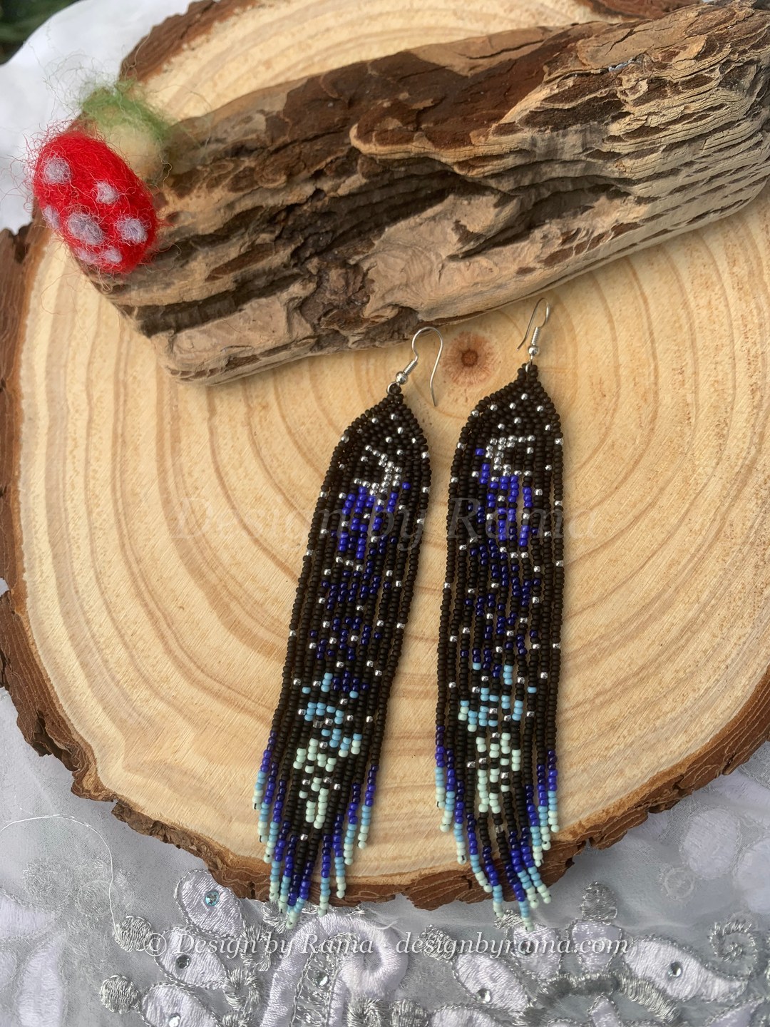 Nyankpala Galaxy Fringe — handmade black, navy blue, light blue beaded long earrings by Rama, Ghana glass beads, Duncan BC
