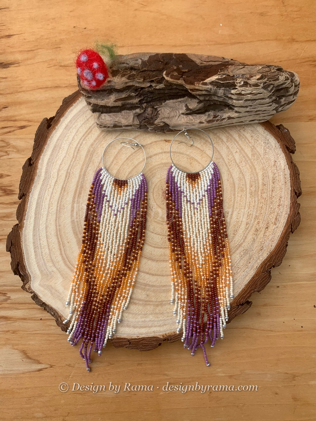 Peki Plum Arrow Fringe — handmade white, brown, plum purple beaded fringe earrings by Rama, Ghana glass beads, Duncan BC