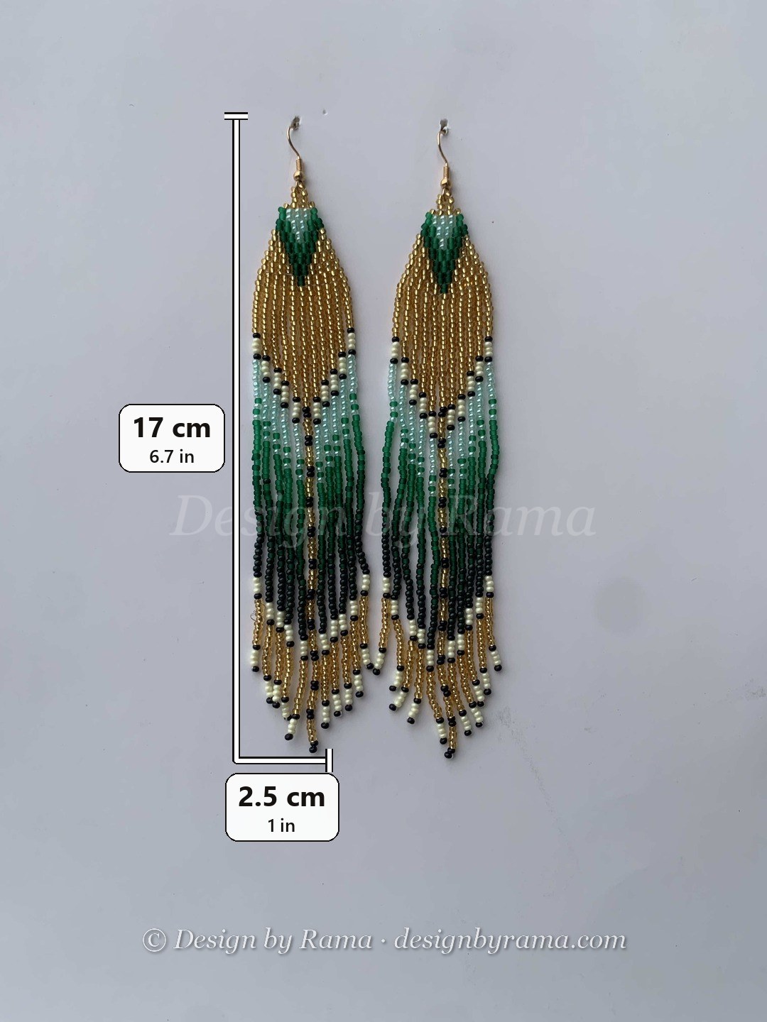 Pepease Olive Feather — handmade green, gold, cream beaded fringe earrings by Rama, Ghana glass beads, Duncan BC