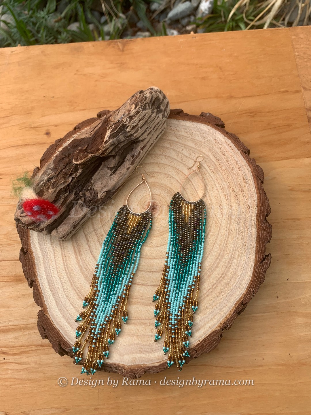 Prampram Teal Wave Fringe — handmade teal, turquoise, gold, olive beaded fringe earrings by Rama, Ghana glass beads, Duncan BC