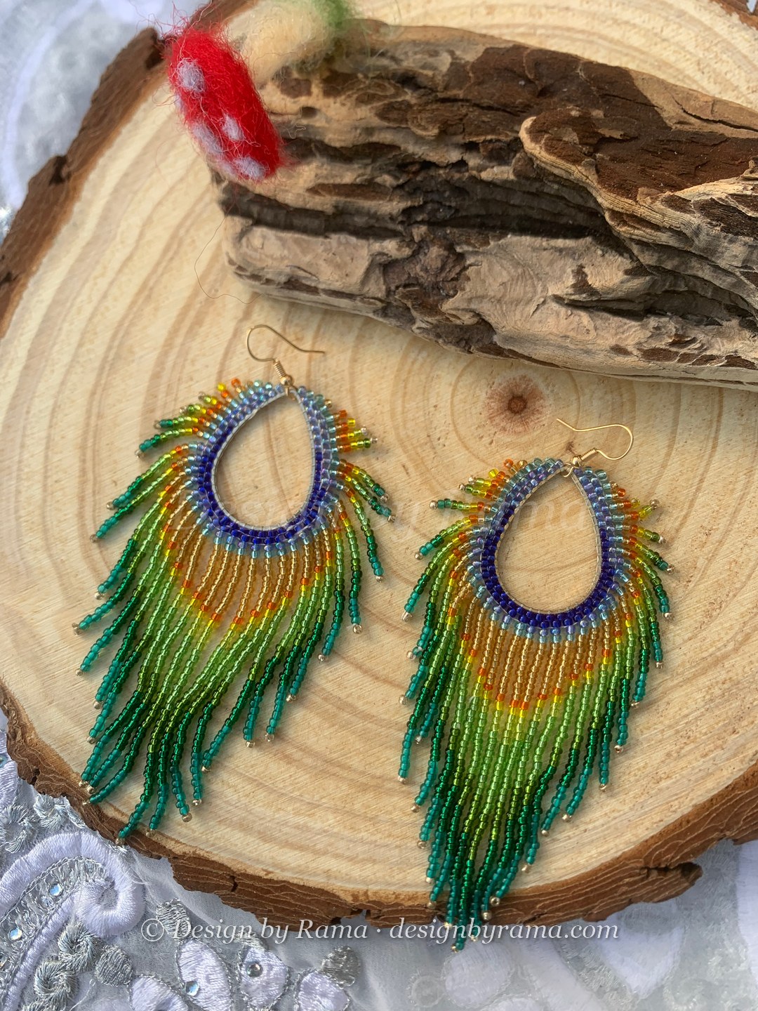 Pusiga Peacock Plume — handmade green, blue, gold, yellow beaded earrings by Rama, Ghana glass beads, Duncan BC