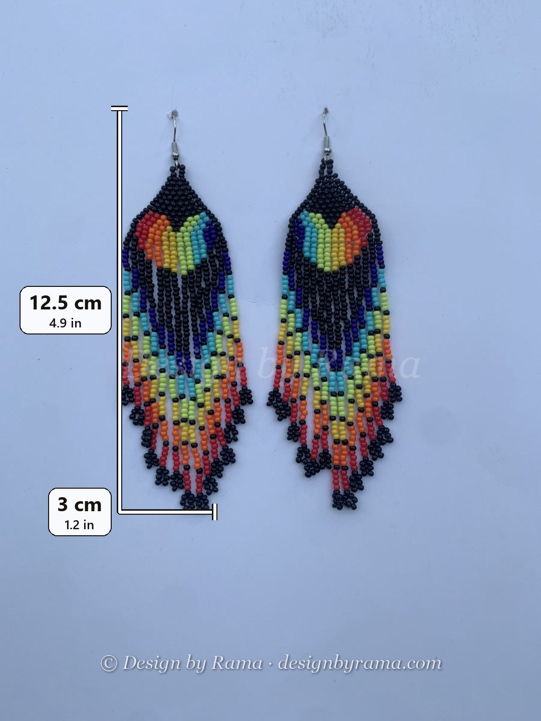 Saltpond Rainbow Fringe — handmade black, rainbow beaded long earrings by Rama, Ghana glass beads, Duncan BC