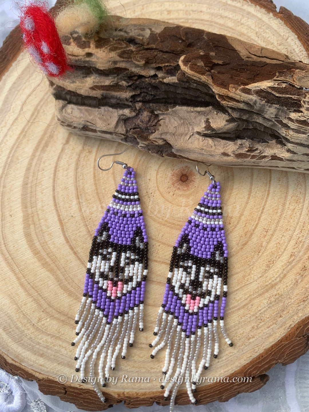Sandema Purple Husky — handmade purple, black, white, pink beaded novelty earrings by Rama, Ghana glass beads, Duncan BC