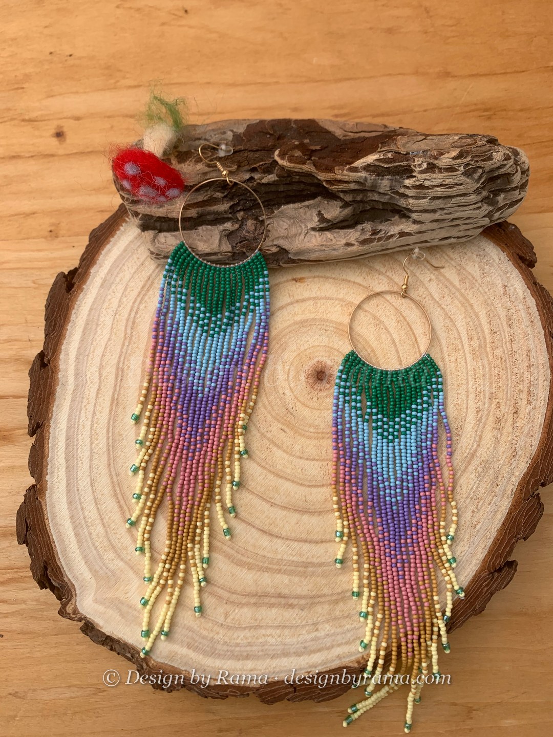 Somanya Aurora Hoops — handmade green, purple, pink, gold beaded hoop earrings by Rama, Ghana glass beads, Duncan BC