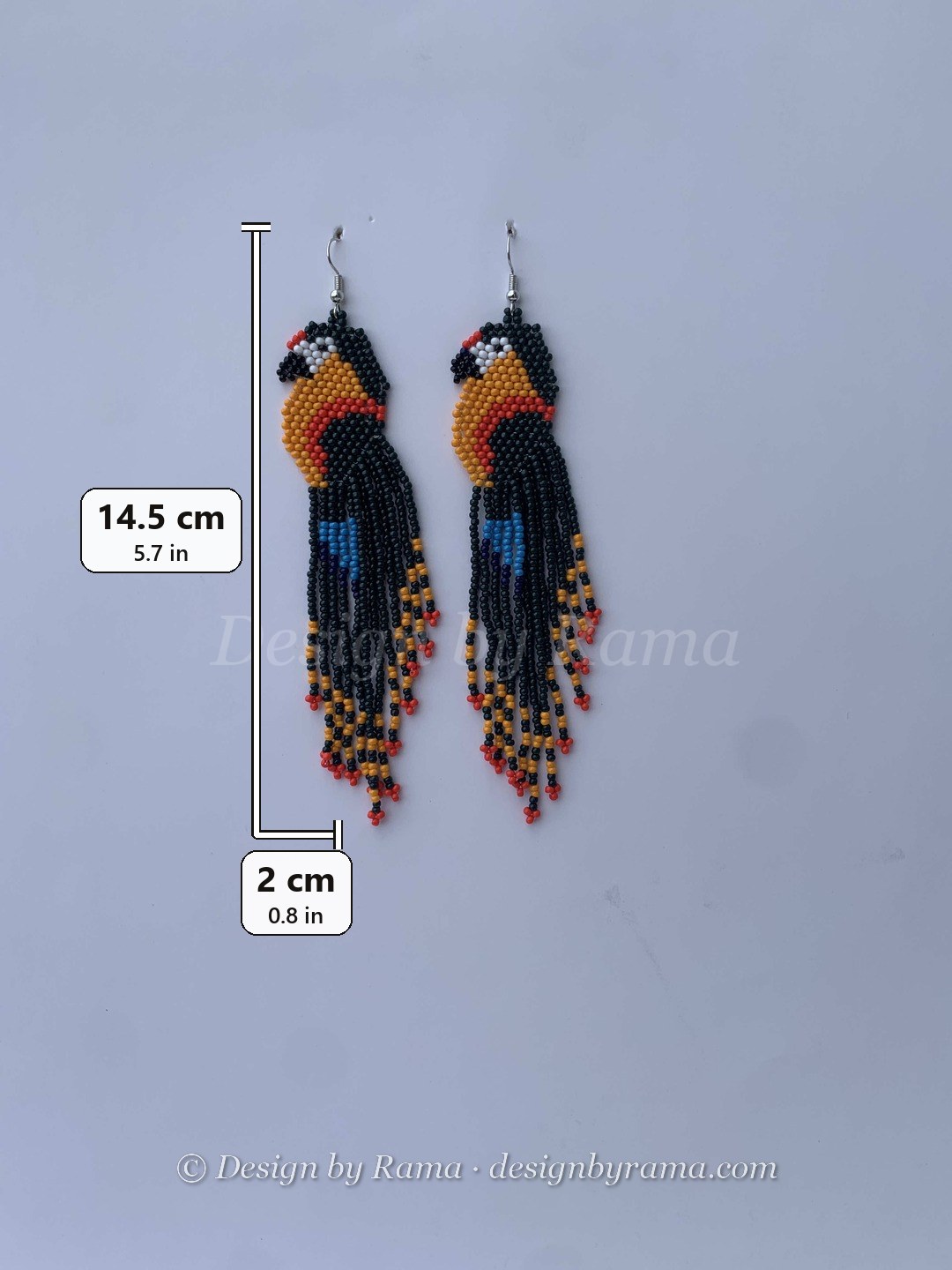 Swedru Macaw Fringe — handmade orange, blue, black beaded fringe earrings by Rama, Ghana glass beads, Duncan BC