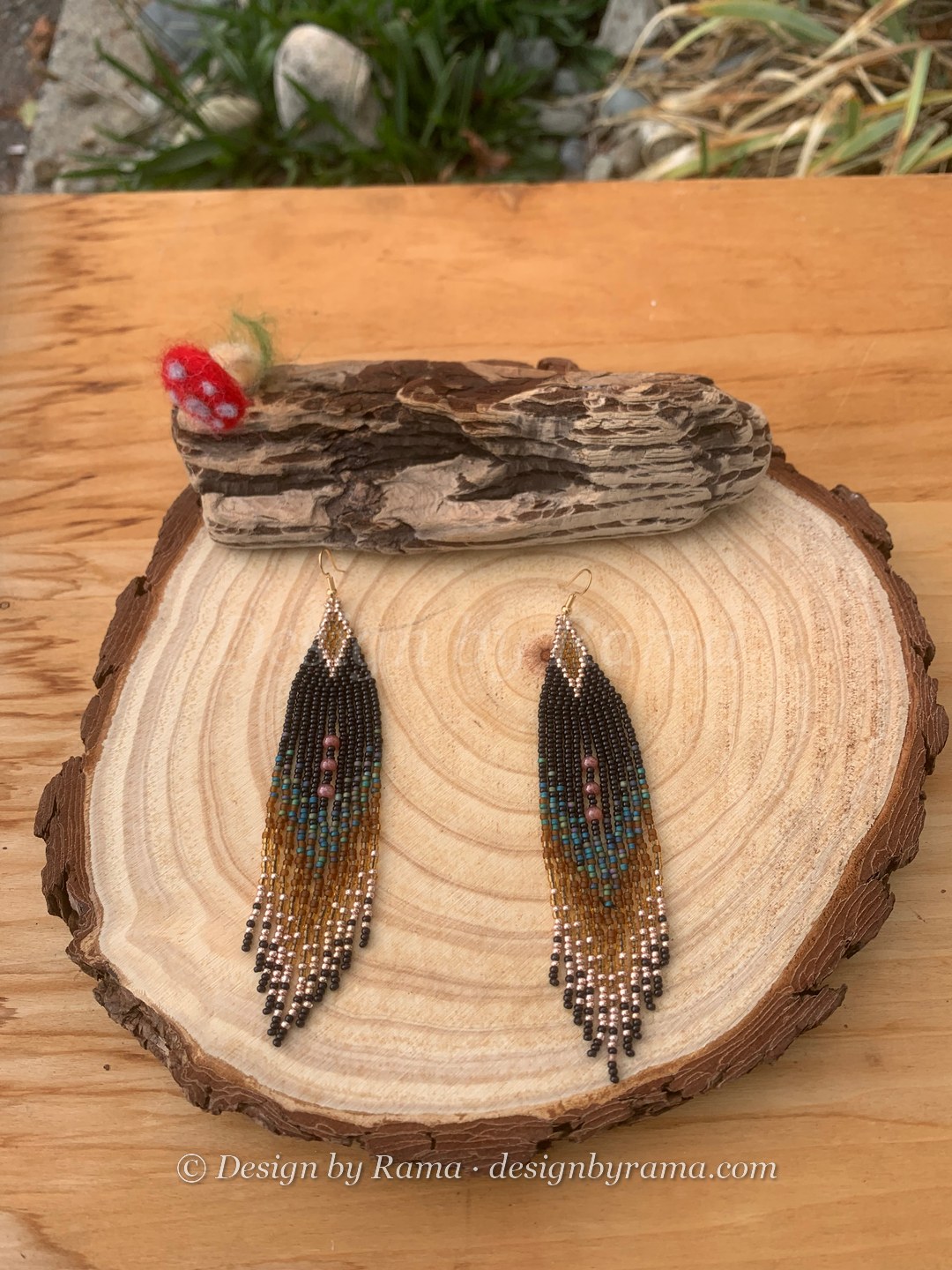 Tarkwa Onyx Drift — handmade black, gold, teal, mauve beaded long earrings by Rama, Ghana glass beads, Duncan BC