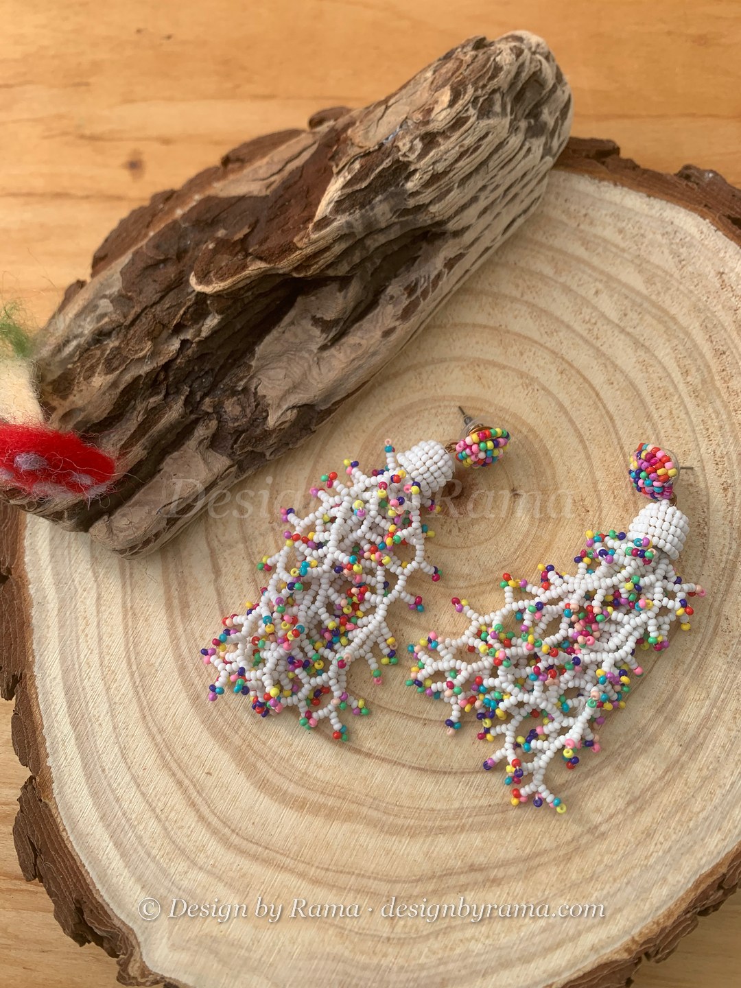Teshie Coral Branch Earrings — handmade white, multicolour beaded novelty earrings by Rama, Ghana glass beads, Duncan BC