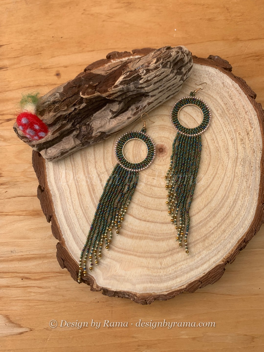 Vakpo Moss Ring Fringe — handmade moss green, olive, gold beaded fringe earrings by Rama, Ghana glass beads, Duncan BC