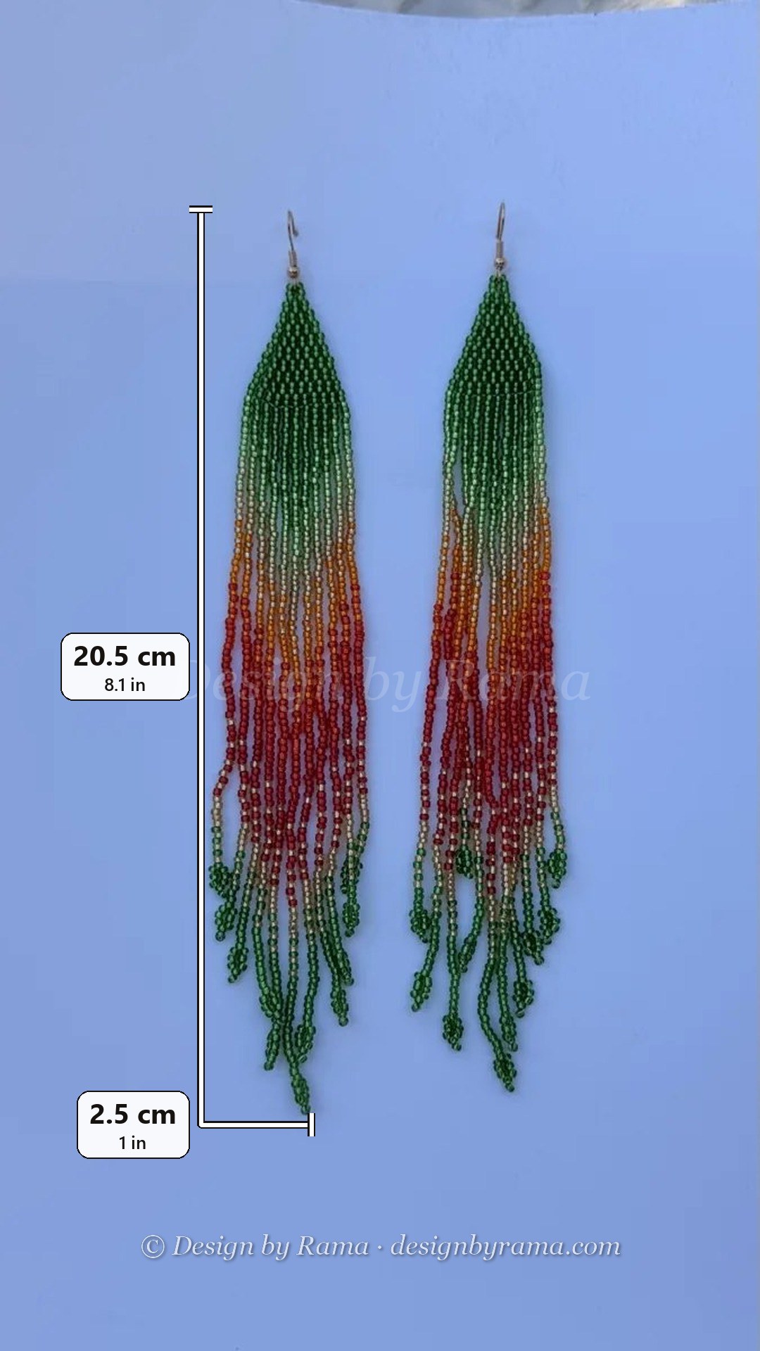 Volta Green Fade — handmade emerald green, orange, red beaded fringe earrings by Rama, Ghana glass beads, Duncan BC