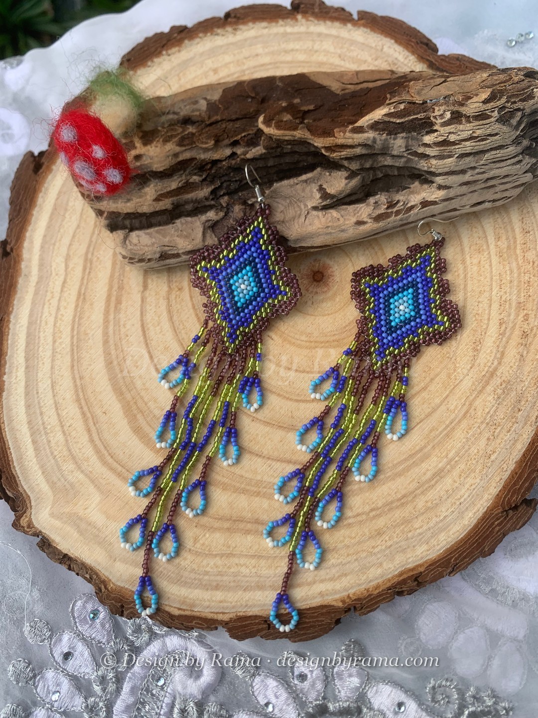 Walewale Peacock Loop Earrings — handmade blue, green, yellow beaded earrings by Rama, Ghana glass beads, Duncan BC