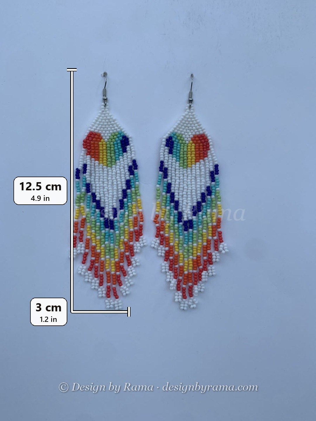 Winneba Rainbow Fringe — handmade white, red, orange, yellow beaded long earrings by Rama, Ghana glass beads, Duncan BC