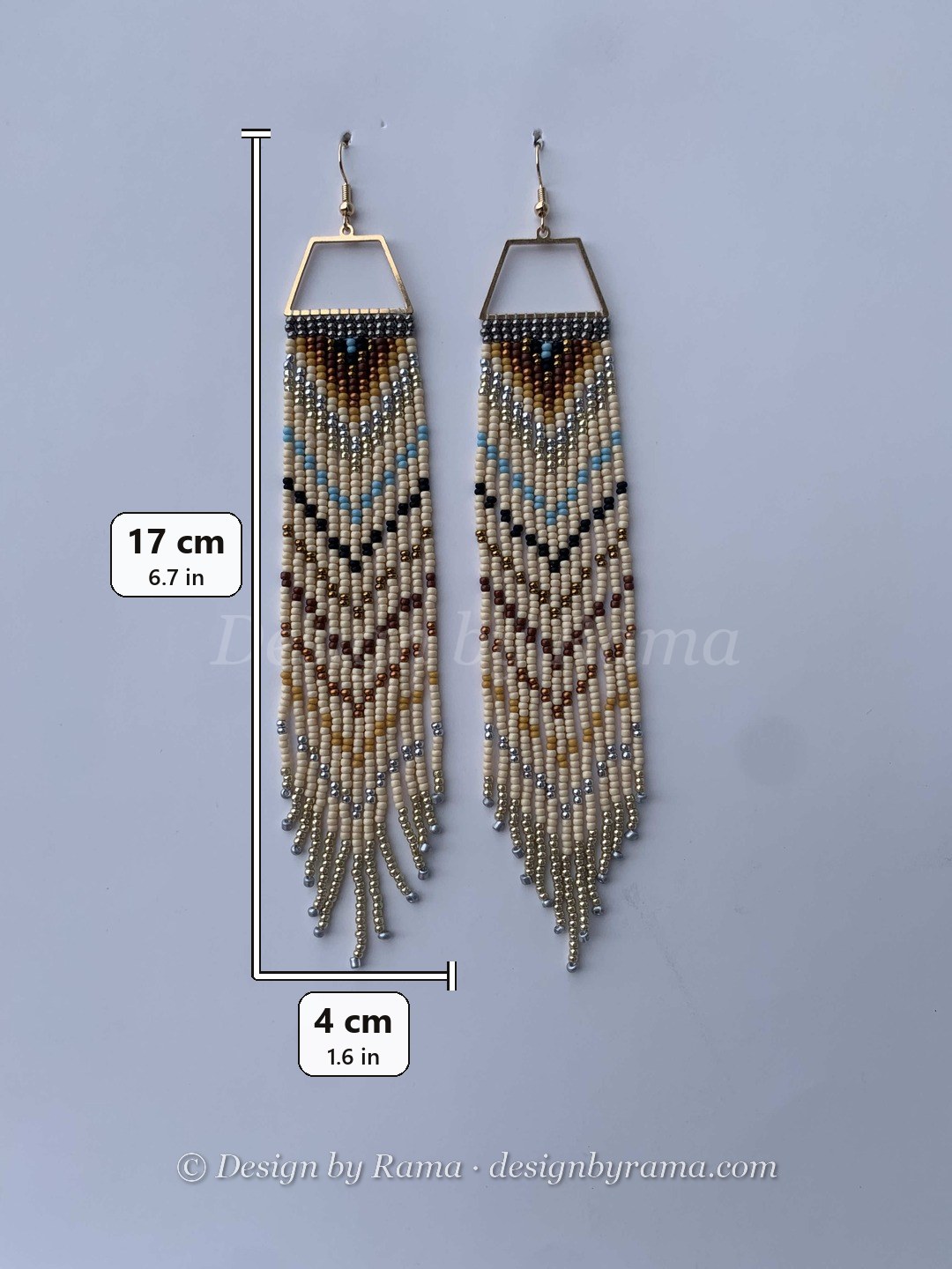 Yeji Sahel Cascade — handmade tan, gold, grey beaded fringe earrings by Rama, Ghana glass beads, Duncan BC