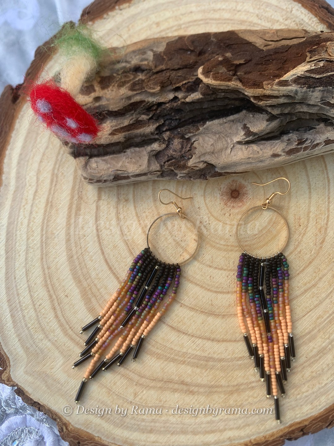 Zuarungu Dusk Hoops — handmade black, pink, peach, purple, gold beaded hoop earrings by Rama, Ghana glass beads, Duncan BC