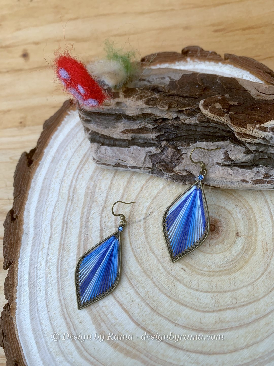 Ada Ocean Leaf — blue, sky blue, bronze thread earrings, Design by Rama, Duncan BC