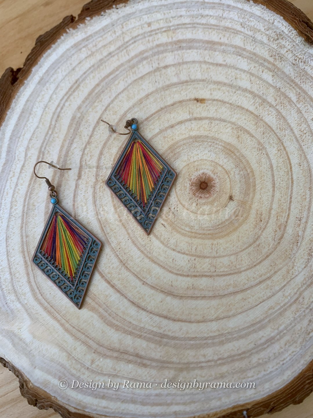 Bonwire Kente Diamond — red, orange, yellow, green, purple, verdigris thread earrings, Design by Rama, Duncan BC
