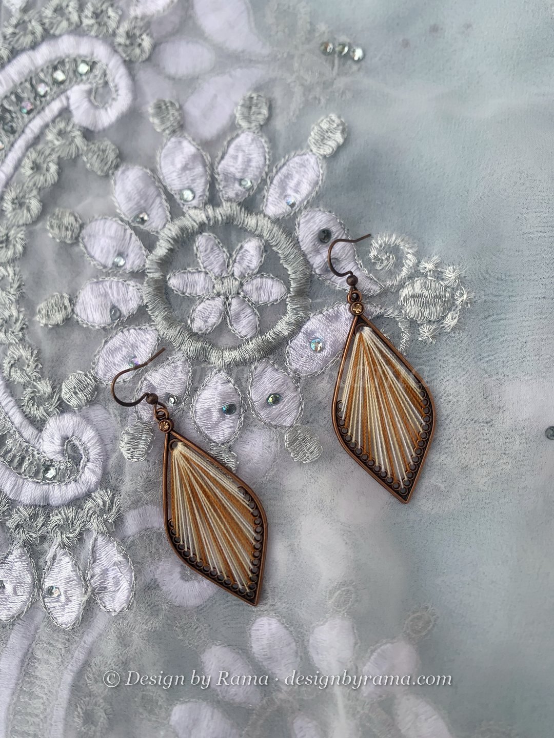Kokrobite Blush Petal — blush, cream, copper thread earrings, Design by Rama, Duncan BC