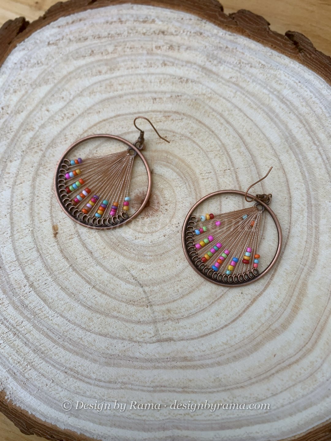 Labadi Confetti Hoops — copper, tan, rainbow beads thread earrings, Design by Rama, Duncan BC