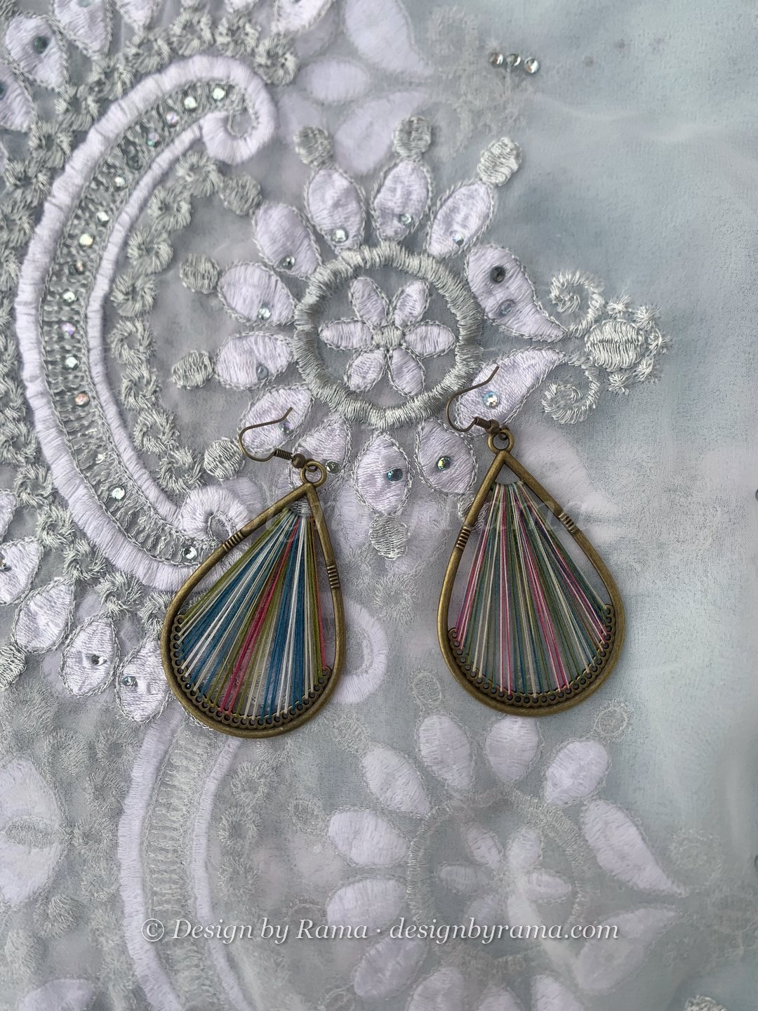 Nzulezo Pastel Rain — pastel blue, grey, pink, cream thread earrings, Design by Rama, Duncan BC
